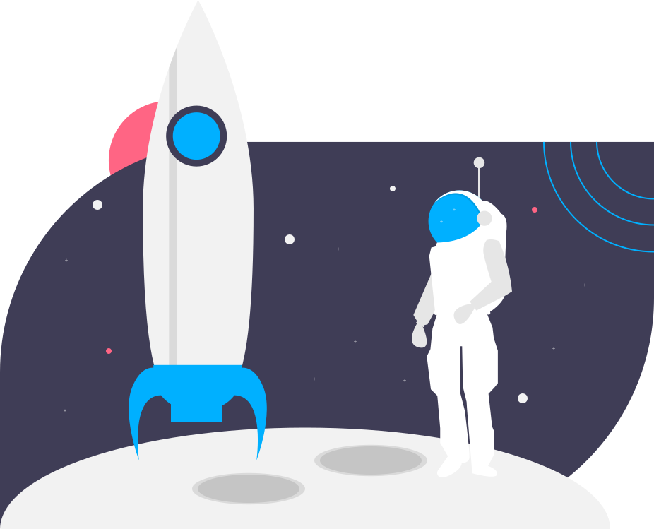 spaceman on the moon by the rocket